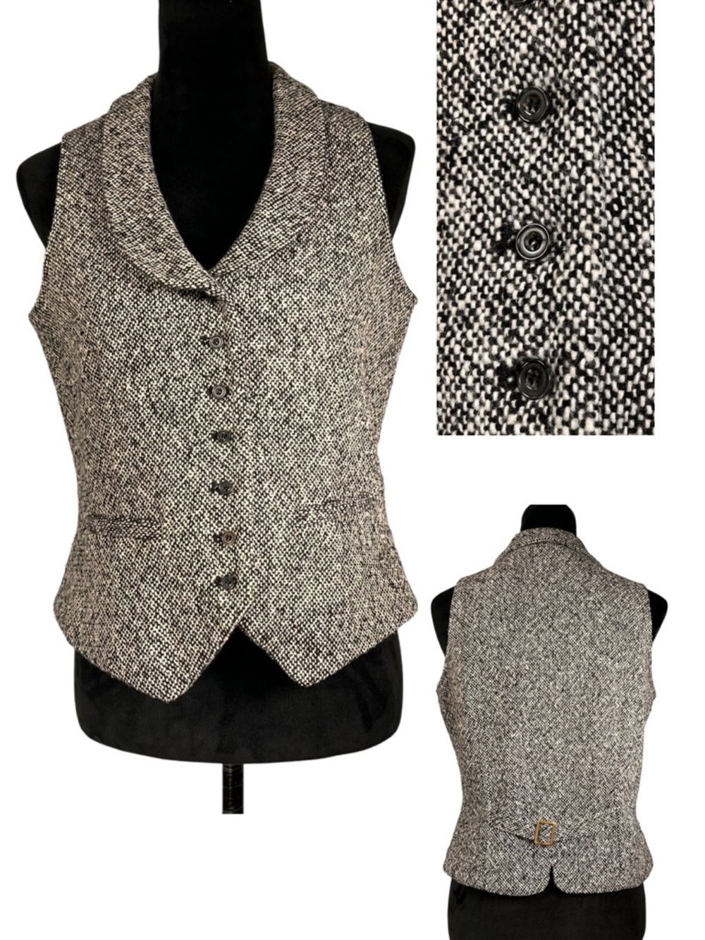 Isabella Bird Tweed Vest Black White Wool Woven Textured Gray Waistcoat Jacket